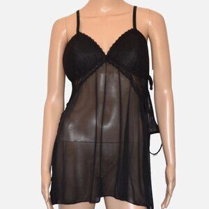 NWT FLORA By Flora Nikrooz Babydoll Set Black Lace With Thong 2-Piece Size L